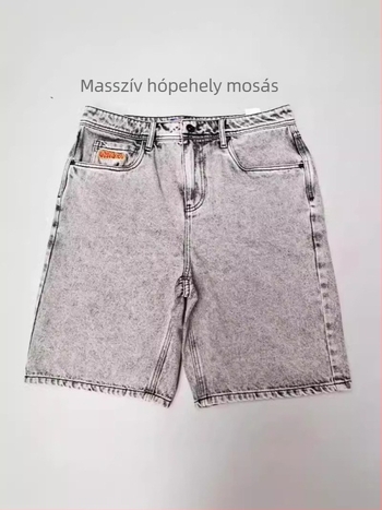 Férfi denim rövidnadrág, laza egyenes szabás, ötpontos hossz, pamut, hip-hop stílus, nyár 2024