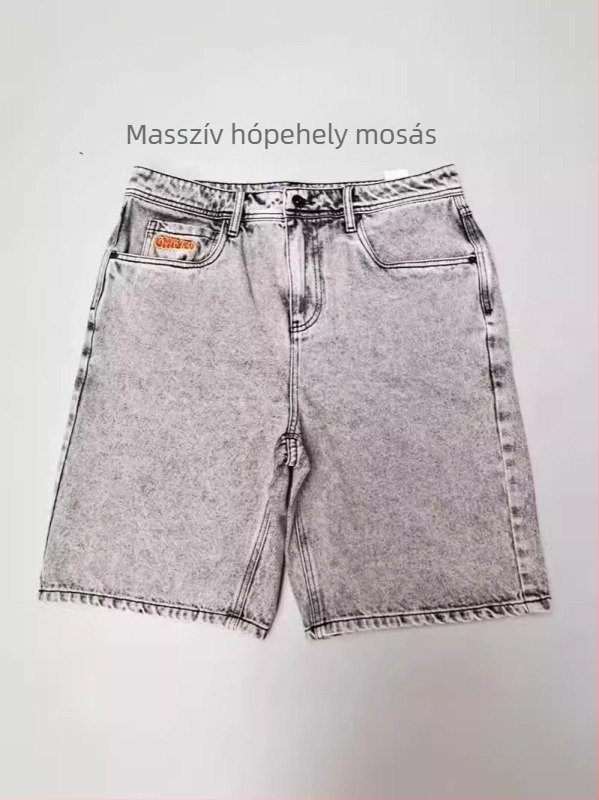 Férfi denim rövidnadrág, laza egyenes szabás, ötpontos hossz, pamut, hip-hop stílus, nyár 2024