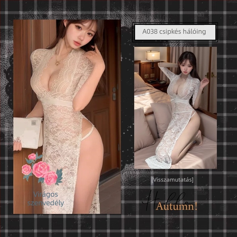 Flower Sea éjszakai lingeri csipkével és hálós mintázattal, mély V-dekoltázs, vállpántok, hosszú szoknya — ultra vékony poliészter (40 g/m²), 95–100% poliészter