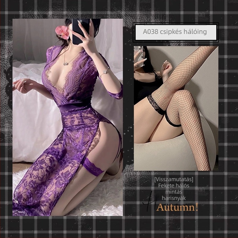 Flower Sea éjszakai lingeri csipkével és hálós mintázattal, mély V-dekoltázs, vállpántok, hosszú szoknya — ultra vékony poliészter (40 g/m²), 95–100% poliészter