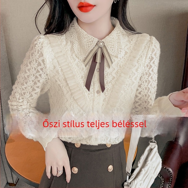 Női csipkés felső babagallérral, hosszú ujjú, lazán szabott, téli 2025