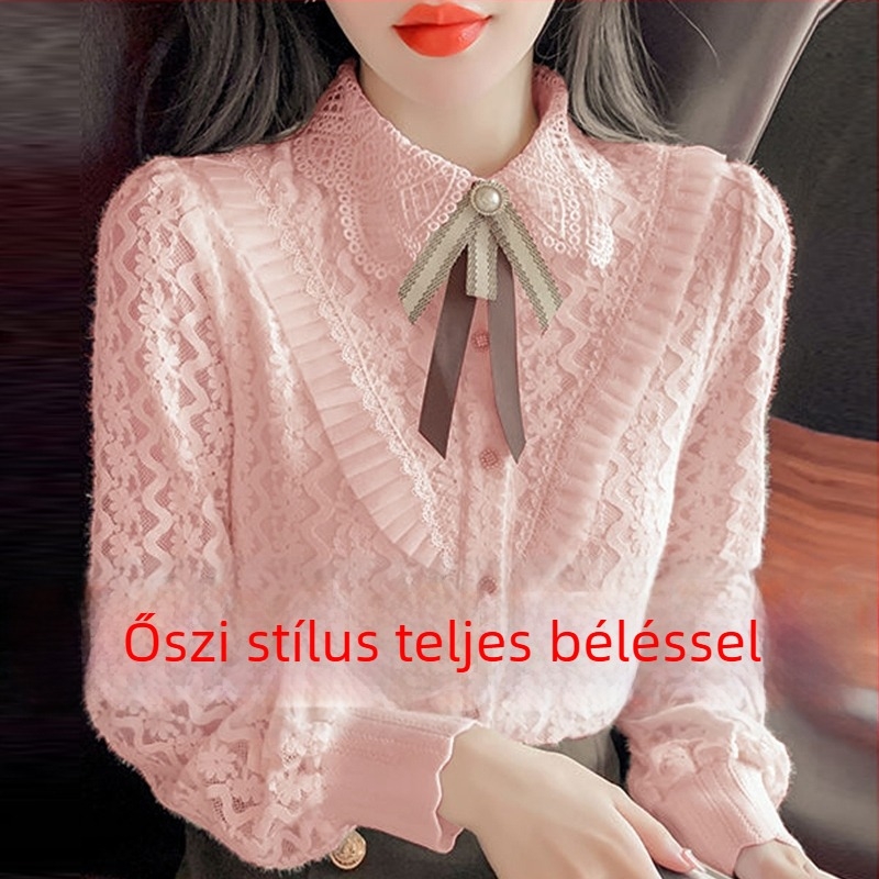 Női csipkés felső babagallérral, hosszú ujjú, lazán szabott, téli 2025