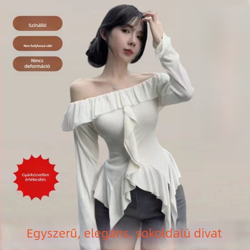 Felső viszkózszálból, karcsú szabás, hosszú ujjú, csónaknyakú, hosszú fazon