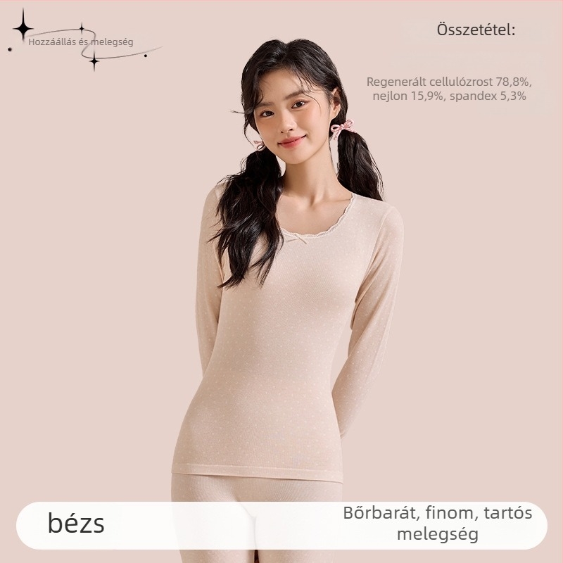 Női őszi kötött garnitúra környakú csipkés pulóverrel és kötött nadrággal Cupro rostból, lélegző, antibakteriális, 200 g/m², 78,8% Cupro, külső viselésre is alkalmas