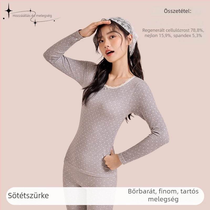 Női őszi kötött garnitúra környakú csipkés pulóverrel és kötött nadrággal Cupro rostból, lélegző, antibakteriális, 200 g/m², 78,8% Cupro, külső viselésre is alkalmas