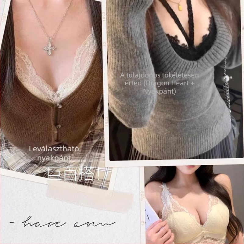 Csipkés halterneck melltartó, formázott kosár: vékony felső rész, vastag alsó rész, hátul három sor csat, levehető vállpántok, csipke nylon Spandex bélés