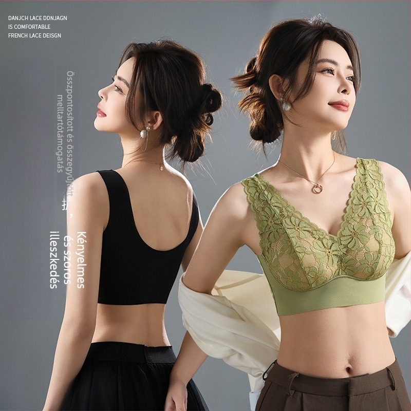 Rögzített dupla vállpántos csipészes latex hátú wireless melltartó, hímzéssel és fodrokkal, vékony formázó kosár, nylon anyag