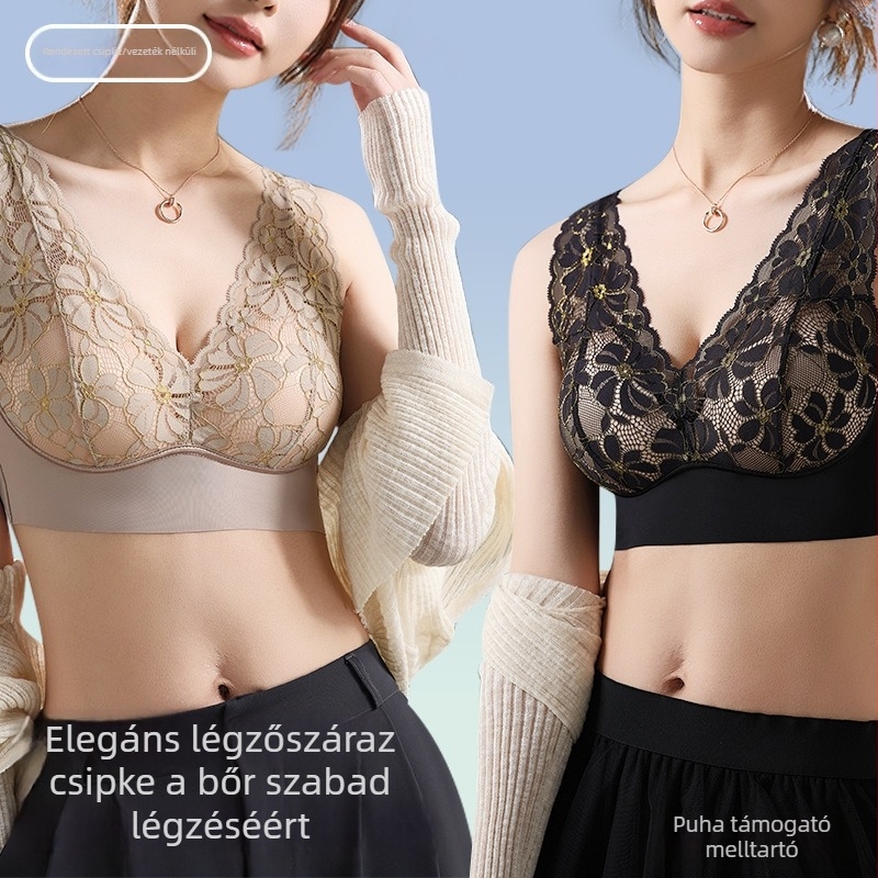 Rögzített dupla vállpántos csipészes latex hátú wireless melltartó, hímzéssel és fodrokkal, vékony formázó kosár, nylon anyag