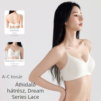 Csipkés bralette spagettipántokkal, nylon anyag, vékony formázott kosár habbal, hátul négy sor kapoccsal, fix dupla vállpántok, gyűrött sziluet, kényelmes