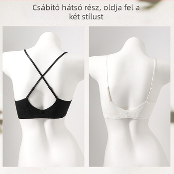 Csipkés bralette spagettipántokkal, nylon anyag, vékony formázott kosár habbal, hátul négy sor kapoccsal, fix dupla vállpántok, gyűrött sziluet, kényelmes