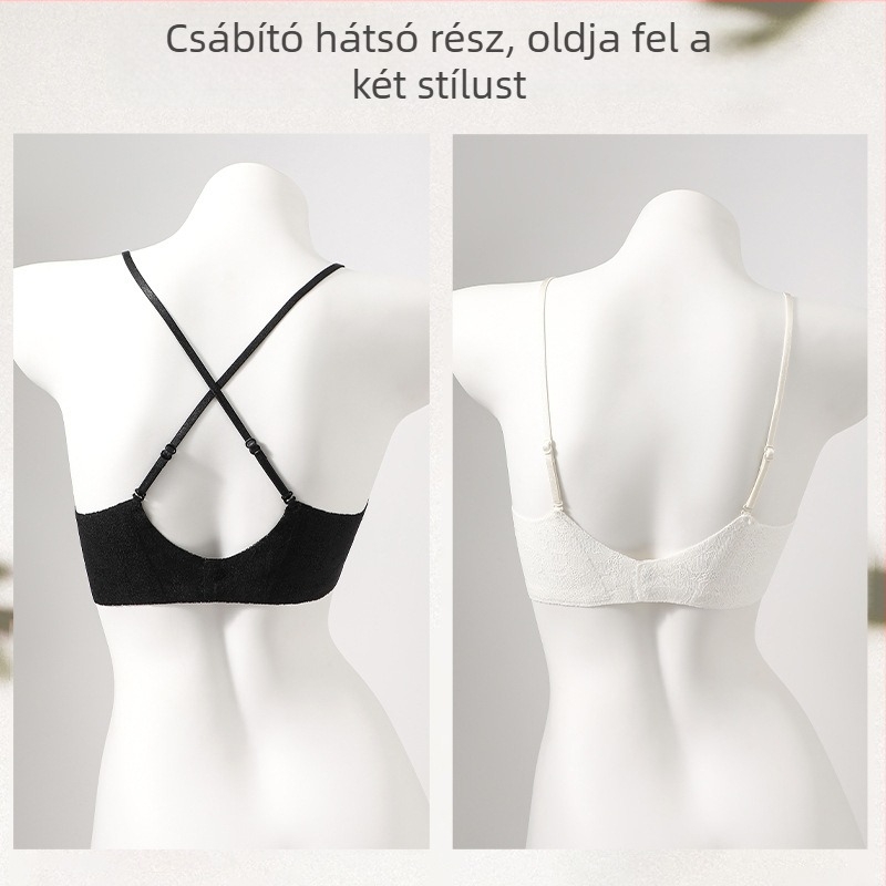 Csipkés bralette spagettipántokkal, nylon anyag, vékony formázott kosár habbal, hátul négy sor kapoccsal, fix dupla vállpántok, gyűrött sziluet, kényelmes