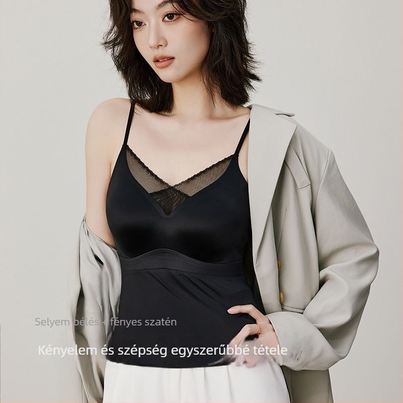 Csipkés V-nyakú szatén camisole melltartóbetéttel, Push-Up, teljes kosár, közepes mold kosár, vest-stílus