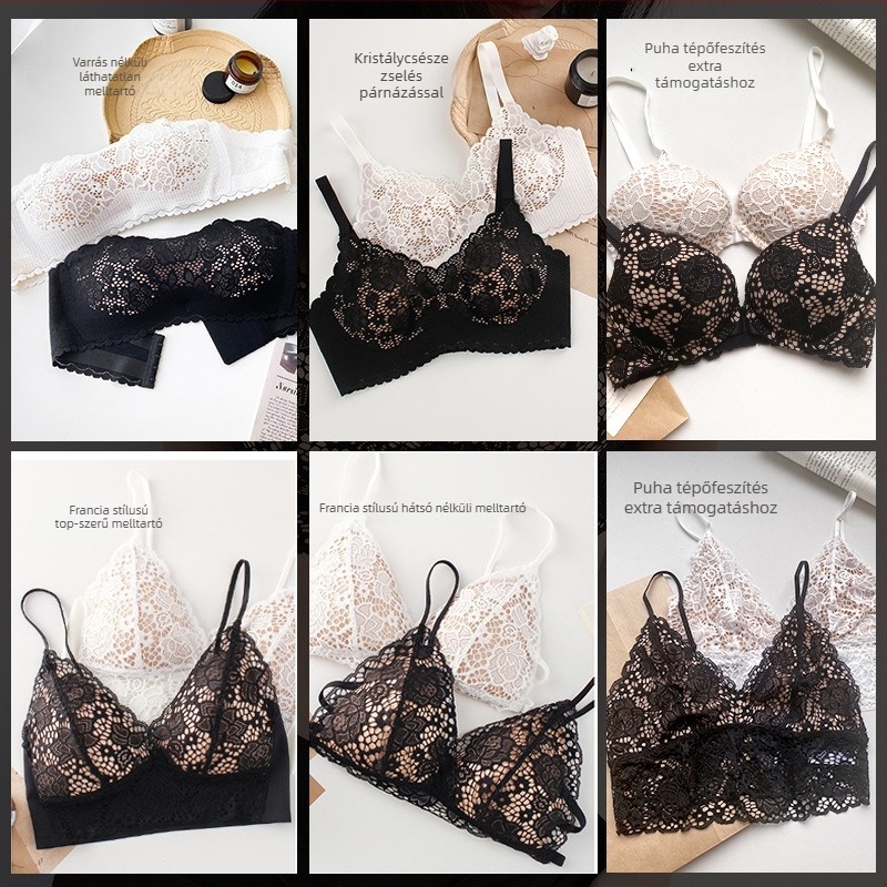 Csipkés váll nélküli melltartó háromszög kosaras, vékony mold forma, testanyag: nejlon, bélés: modál, egyrészes dizájn