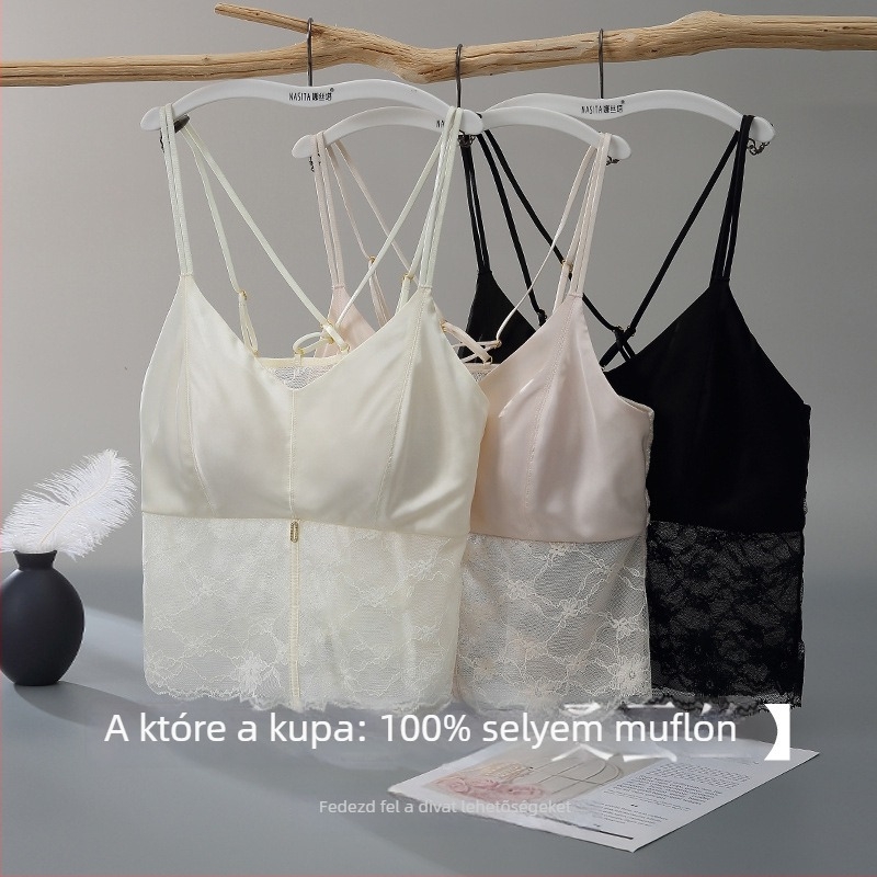Selyemsatén melltartó kereszt hátsó pántokkal, 100% mulberi selyem, vékony latex kosárkák, rögzített dupla vállpántok
