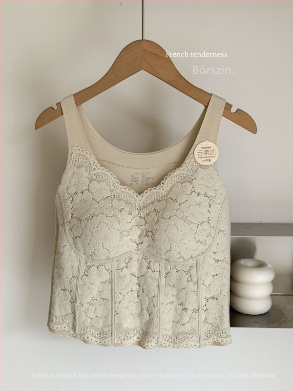 Csipkés topp beépített melltartó párnákkal és belső béléssel, teljes kosár, közepes formájú kosár, anyag: nejlon-dantel, légáteresztő