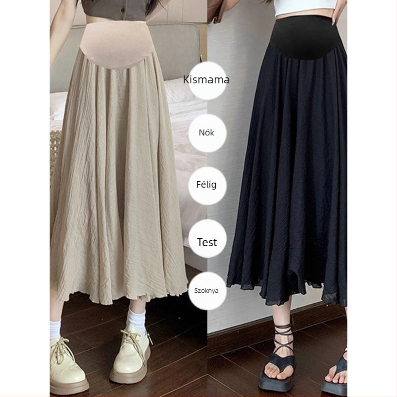 Anyasági A-vonalú midi szoknya, nyári modell, magas derekú, ice silk pamut-lin keverék, 95% akril rost