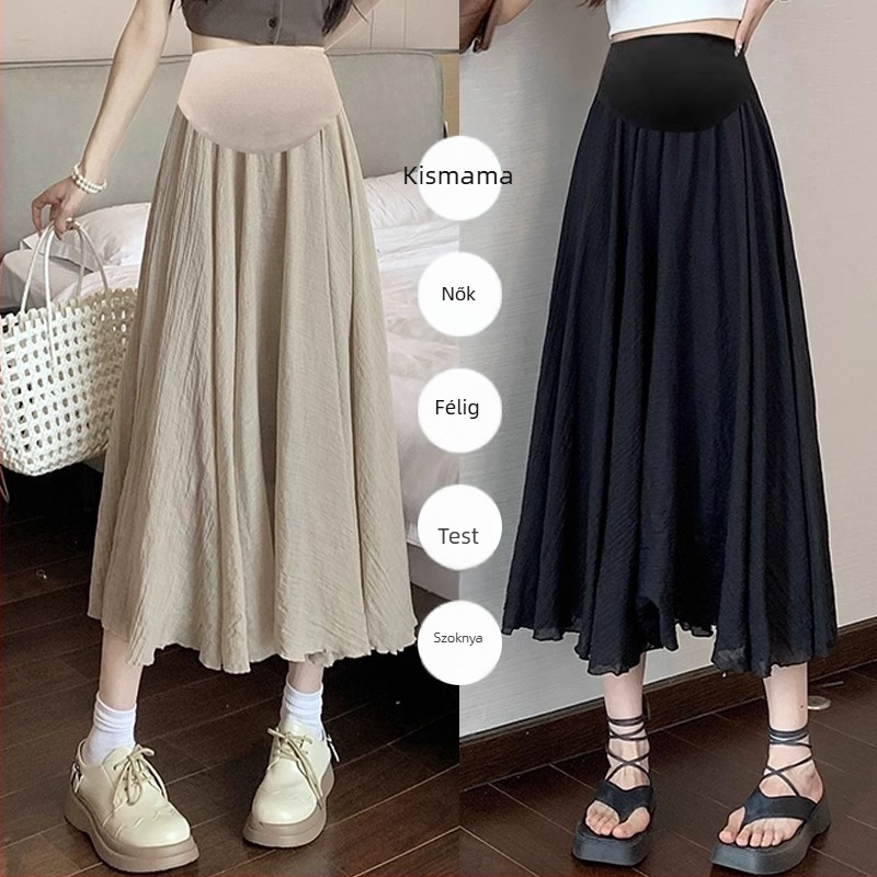 Anyasági A-vonalú midi szoknya, nyári modell, magas derekú, ice silk pamut-lin keverék, 95% akril rost