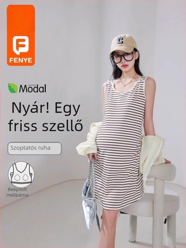 Nyári anyatejes és terhes ruha, kerek nyakú, ujjatlan, hosszú szoknyás, regenerált cellulóz rost (70–80%) nylon keverék