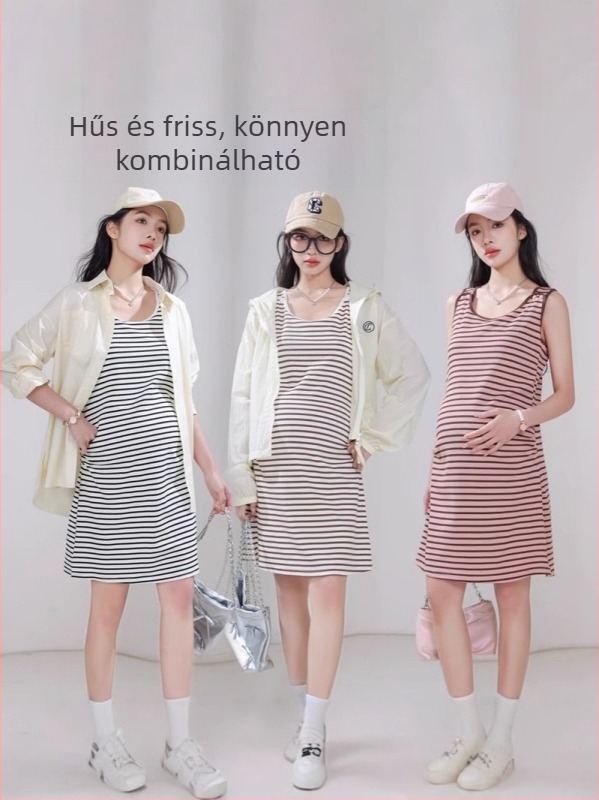 Nyári anyatejes és terhes ruha, kerek nyakú, ujjatlan, hosszú szoknyás, regenerált cellulóz rost (70–80%) nylon keverék