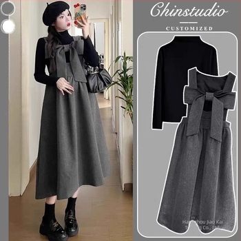 Szülési felső és pántos szoknya szett — Chenille anyag spandex <30%, 5/4 ujjú, ősz-tél japán-koreai laza stílus