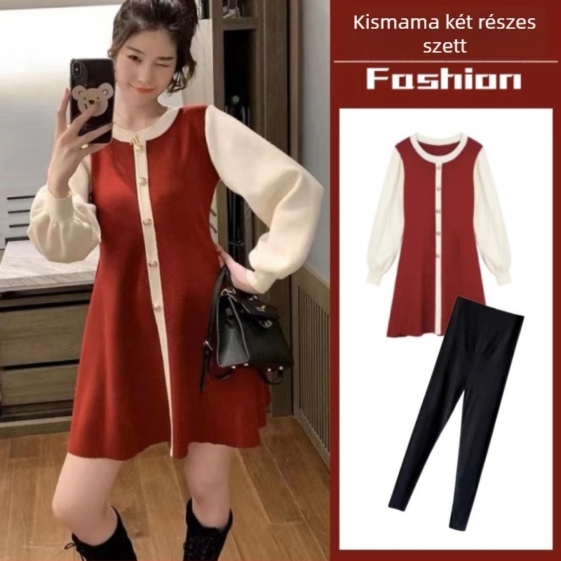 Kismamák részére: hosszú ujjú chenille kötött felső és 3/4-ös nadrág, japán-koreai lazább stílus, Spandex <30%