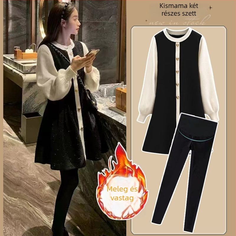 Kismamák részére: hosszú ujjú chenille kötött felső és 3/4-ös nadrág, japán-koreai lazább stílus, Spandex <30%