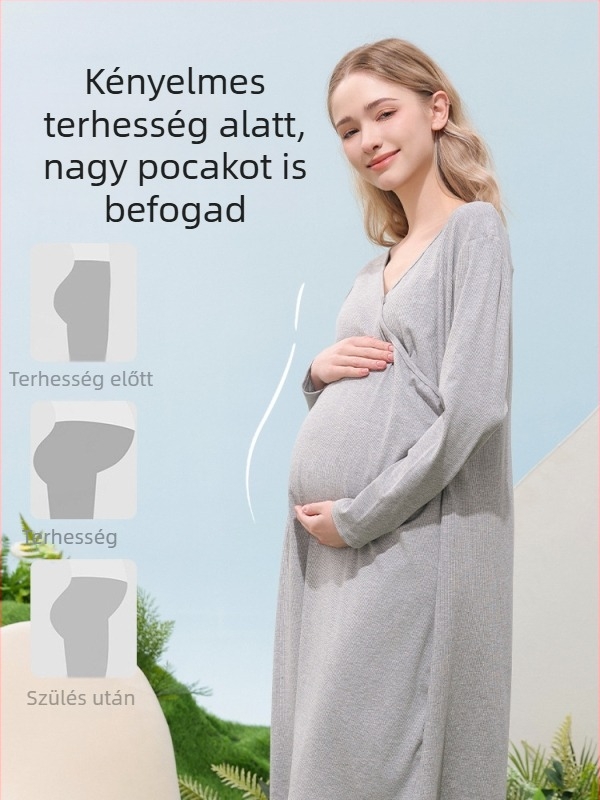 Őszi szoptatós pizsama modal-pamut anyagból, rejtett gombos záródás, csíkos mintázat, kismama és szoptató nők számára, nagy méret