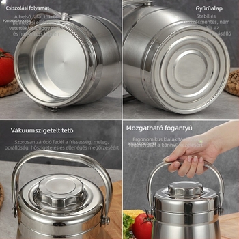 Rozsdamentes acélból készült vákuum-izolált ebédbox, dob alakú, 2 L kapacitás