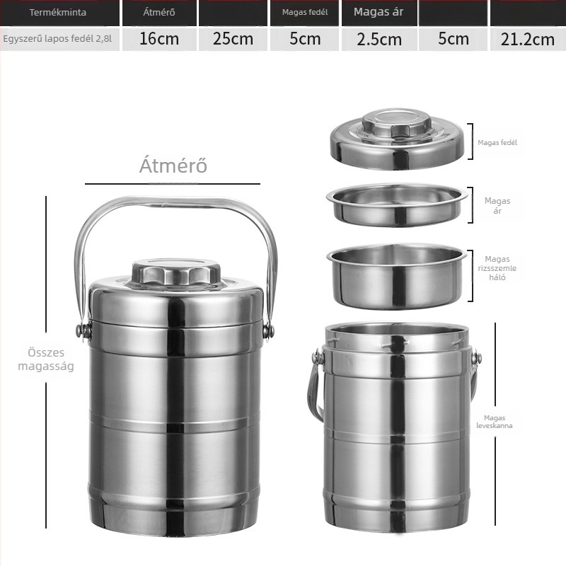 Rozsdamentes acélból készült vákuum-izolált ebédbox, dob alakú, 2 L kapacitás