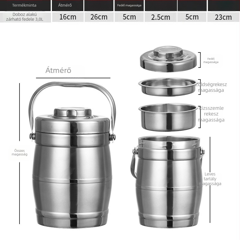 Rozsdamentes acélból készült vákuum-izolált ebédbox, dob alakú, 2 L kapacitás