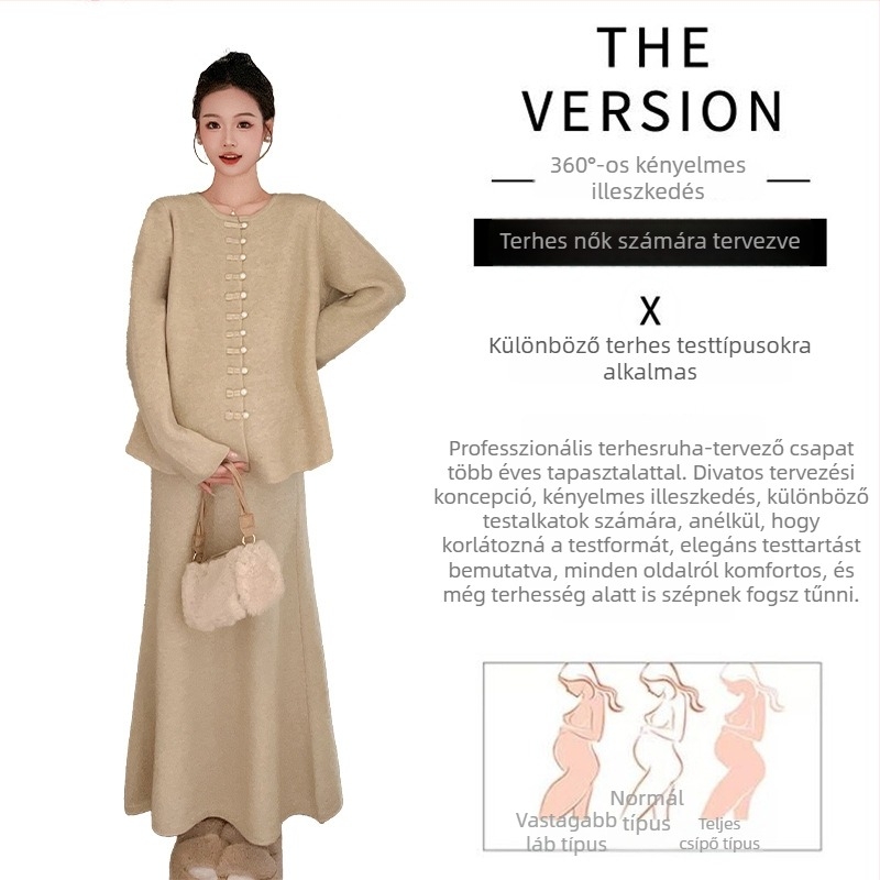 Kismama szoknyás kosztüm egyszínű kötött anyagból, hosszú ujjú felső és hosszú szoknya, poliészter 80–90% és spandex, őszi-téli 2025