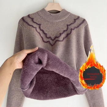 Női vastag fleece pulóver laza szabású, félmagas gallér, gyémánt kötött minta, 5-4 ujjhossz (Anyagok: pamut-poliészter keverék; Fő anyag: tiszta pamut; Kötés: gyémánt)