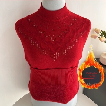 Női vastag fleece pulóver laza szabású, félmagas gallér, gyémánt kötött minta, 5-4 ujjhossz (Anyagok: pamut-poliészter keverék; Fő anyag: tiszta pamut; Kötés: gyémánt)