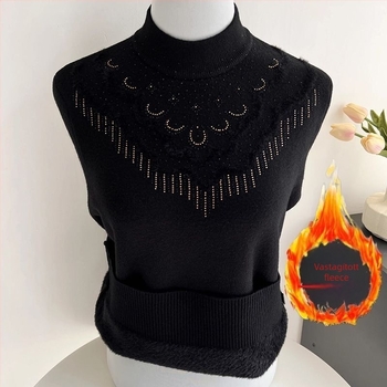 Női vastag fleece pulóver laza szabású, félmagas gallér, gyémánt kötött minta, 5-4 ujjhossz (Anyagok: pamut-poliészter keverék; Fő anyag: tiszta pamut; Kötés: gyémánt)