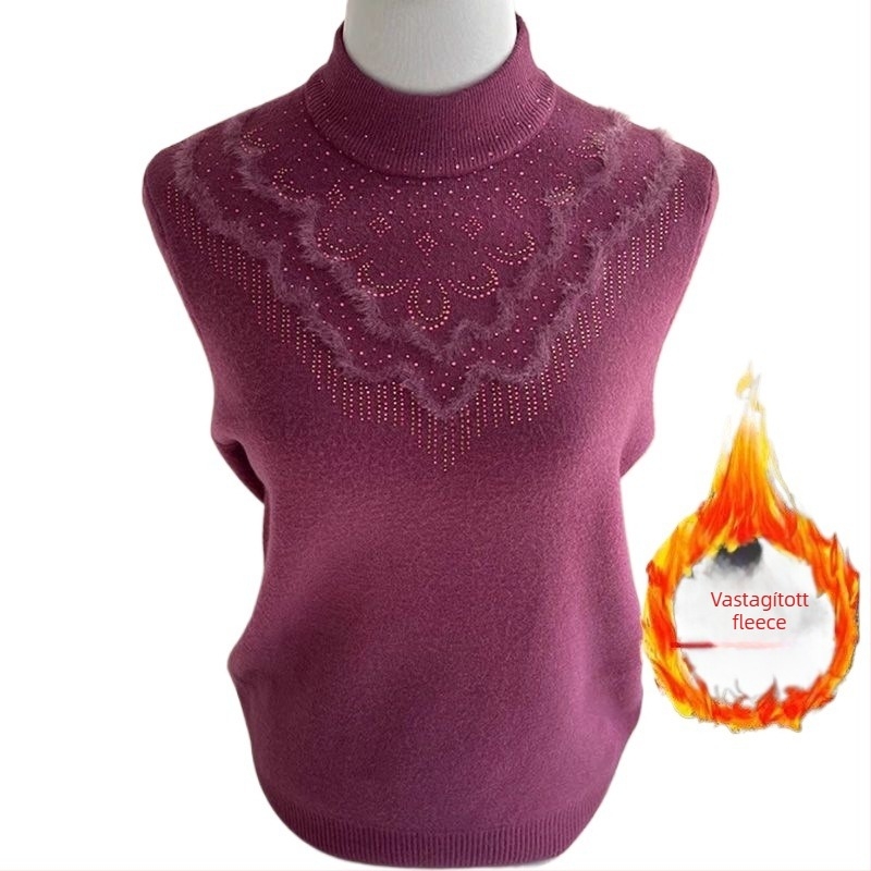 Női vastag fleece pulóver laza szabású, félmagas gallér, gyémánt kötött minta, 5-4 ujjhossz (Anyagok: pamut-poliészter keverék; Fő anyag: tiszta pamut; Kötés: gyémánt)