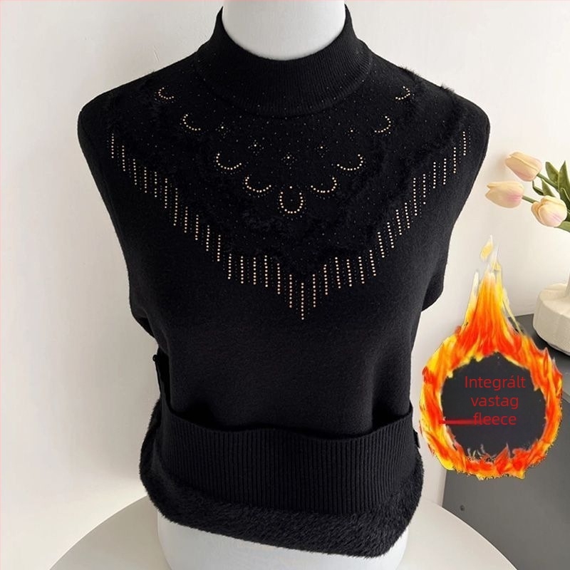 Női vastag fleece pulóver laza szabású, félmagas gallér, gyémánt kötött minta, 5-4 ujjhossz (Anyagok: pamut-poliészter keverék; Fő anyag: tiszta pamut; Kötés: gyémánt)