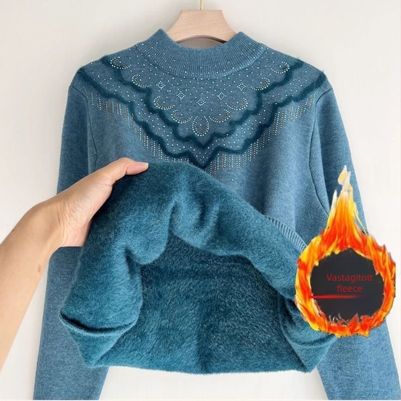 Női vastag fleece pulóver laza szabású, félmagas gallér, gyémánt kötött minta, 5-4 ujjhossz (Anyagok: pamut-poliészter keverék; Fő anyag: tiszta pamut; Kötés: gyémánt)