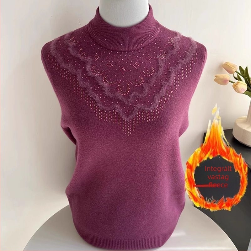 Női vastag fleece pulóver laza szabású, félmagas gallér, gyémánt kötött minta, 5-4 ujjhossz (Anyagok: pamut-poliészter keverék; Fő anyag: tiszta pamut; Kötés: gyémánt)