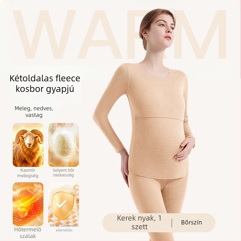 Anyasági termosz alapréteg szett etetéshez — őszi-téli felső és nadrág, kationos poliészter, 181–200 g/m², kerek nyak, hosszú ujj