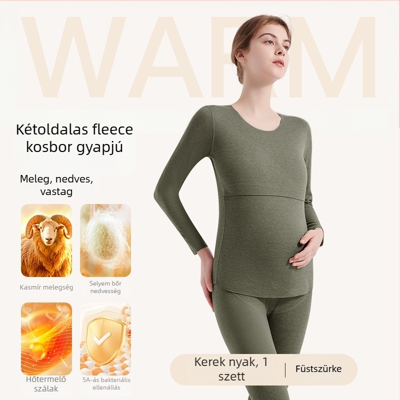 Anyasági termosz alapréteg szett etetéshez — őszi-téli felső és nadrág, kationos poliészter, 181–200 g/m², kerek nyak, hosszú ujj