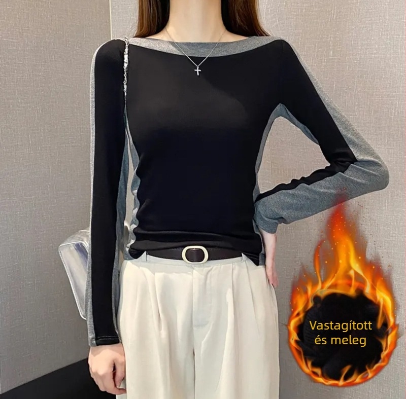 Női viszkózszálból készült kötött T‑shirt, egyszínű, hosszú ujjú, egyvonalú gallérral, szűk fazon