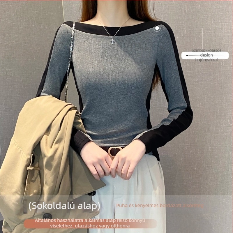 Női viszkózszálból készült kötött T‑shirt, egyszínű, hosszú ujjú, egyvonalú gallérral, szűk fazon