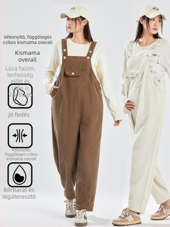 Corduroy anyagú terhes nadrág pántos kivitelben, fleece bélés, őszi-téli, vastag, koreai stílus, 2024