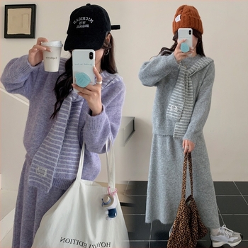 Kismama őszi-téli háromrészes készlet: hosszú ujjú kötött pulóver és hosszú szoknya, elegáns koreai stílus, anyag akril és poliészter