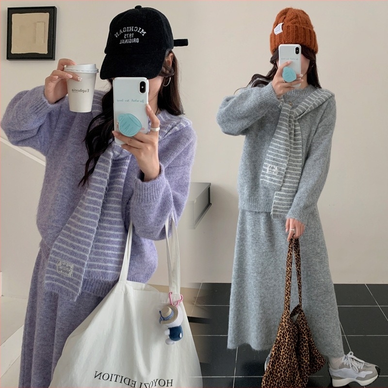 Kismama őszi-téli háromrészes készlet: hosszú ujjú kötött pulóver és hosszú szoknya, elegáns koreai stílus, anyag akril és poliészter