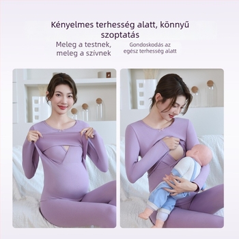 Pamutból készült kismama szett ősz–télre: hosszú ujjú felső és nadrág szoptatási nyílással, hálóruha