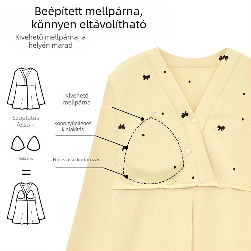 Anyasági pizsama mellpárnával — A osztályú anya-baba minőség, 100% pamut, őszi-téli postpartum szoptatós hálóing