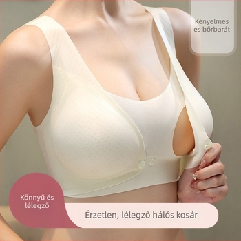 Szoptatós melltartó terhességre és a szülés utáni időszakra – könnyű, légáteresztő nylon anyag, bélés spandex 70–80%, vékony formázott kosár, hátul 4 sor kapocs, rögzített dupla vállpánt, fényes dizájn