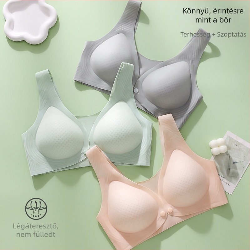 Szoptatós melltartó terhességre és a szülés utáni időszakra – könnyű, légáteresztő nylon anyag, bélés spandex 70–80%, vékony formázott kosár, hátul 4 sor kapocs, rögzített dupla vállpánt, fényes dizájn