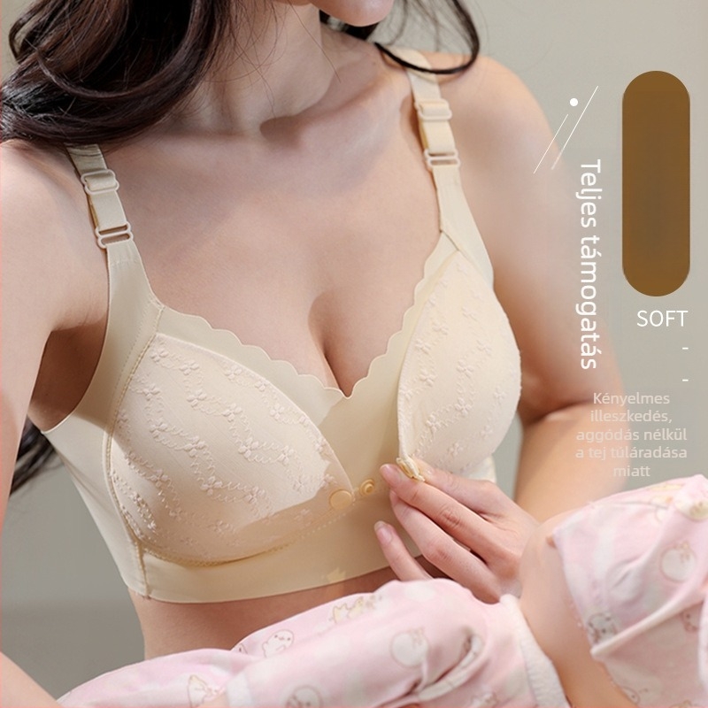 Anyasági melltartó szoptatáshoz vékony formázott kosarakkal, csipkével, merevítő nélkül, hátul négy soros záródással, szoptatáshoz